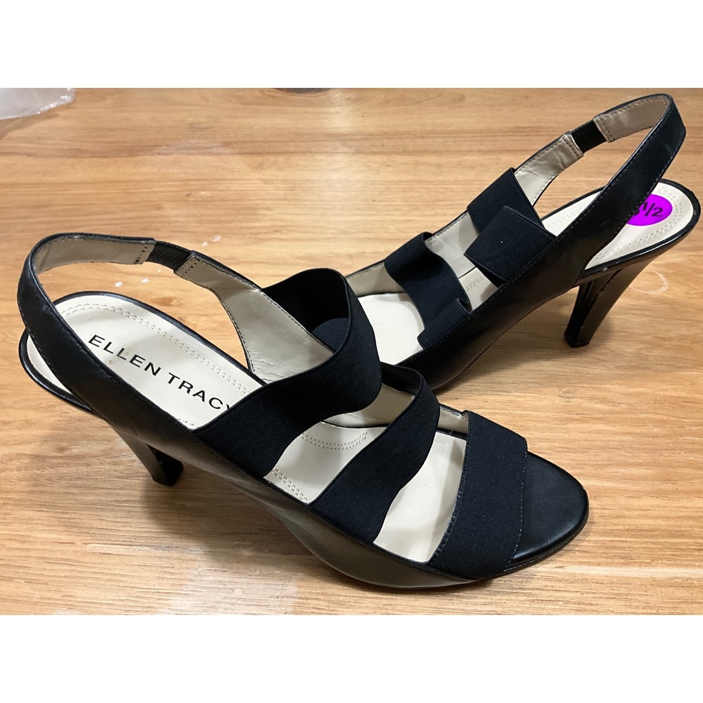 As is Ellen Tracy Josie Black Leather Strap Slingback Peep Toe Heels Size 8.5M